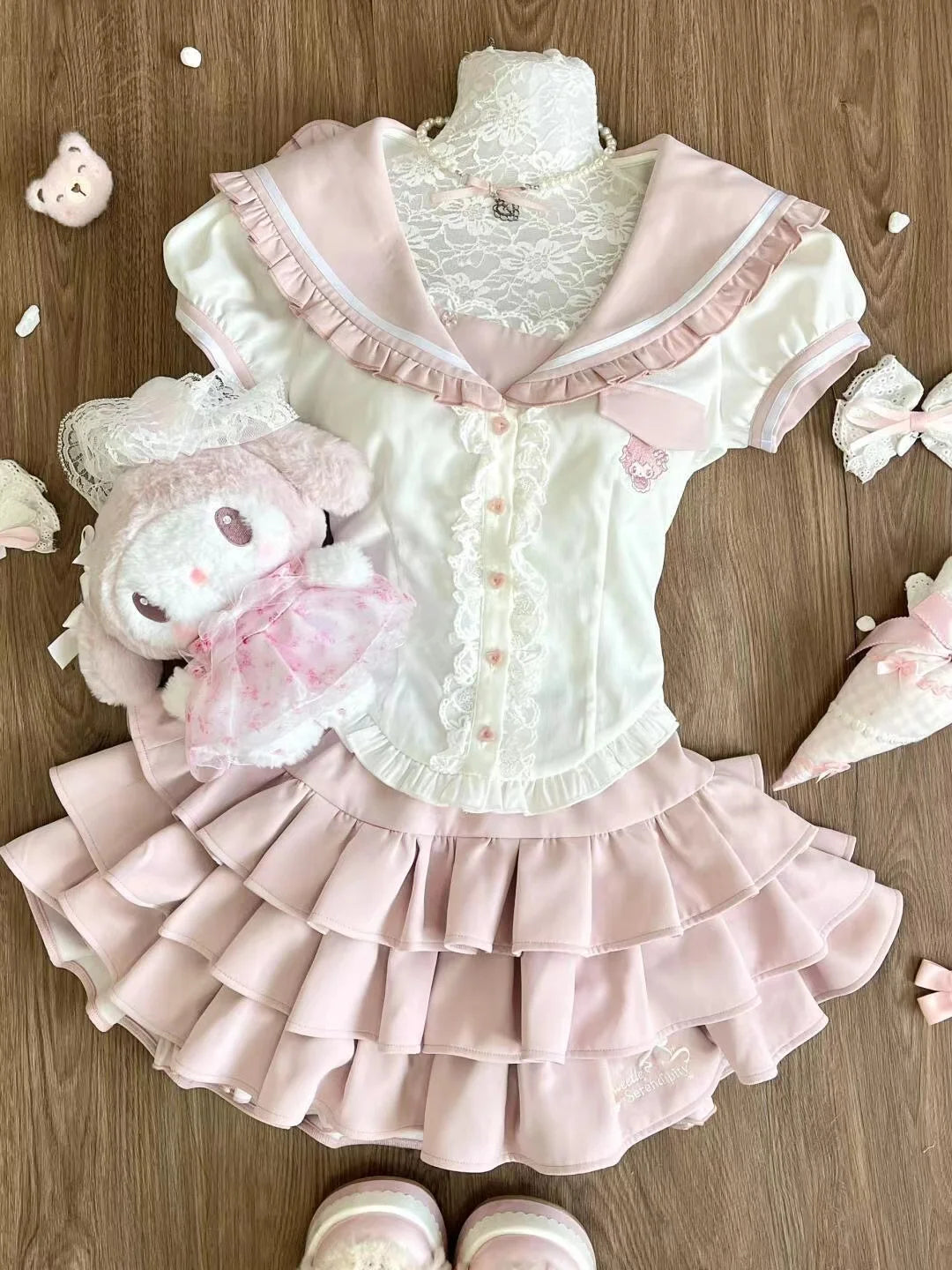 Japanese Sweet Preppy Style 2 Piece Set Women Kawaii Lace Patchwork Bow Tops + Y2k Plaid Mini Skirt Elegant Fashion Outifits New