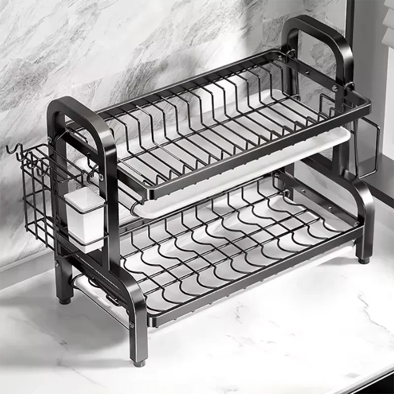 2025 New 2-Tier Stainless Steel Kitchen Countertop Dish Drainer with Utensil Holder Compact Rustproof Storage Organizer