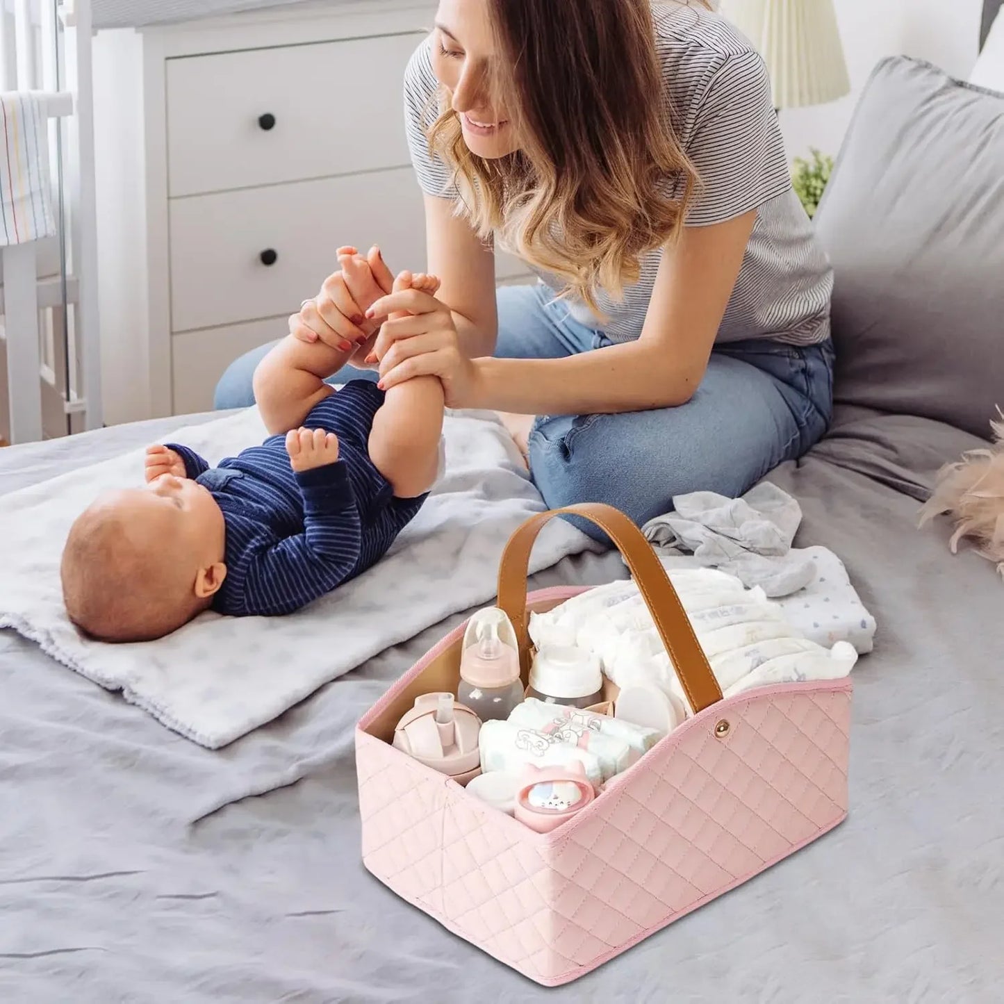 Newborn Baby Diaper Caddy Organizer Baby Room Storage Basket and Changing Box Stylish Nursery Storage Basket