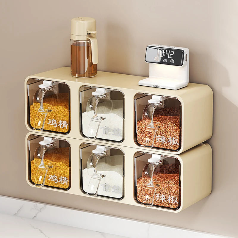AOBT Wall-mounted moisture-proof seasoning box for home kitchen with condiment bottles for salt, MSG, and other condiments.