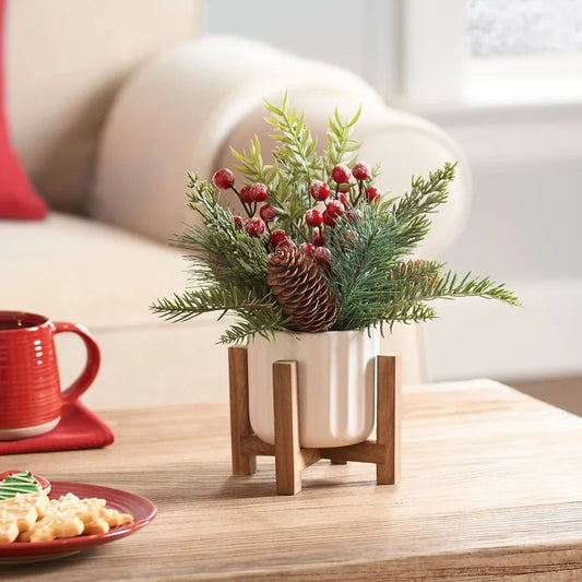 11" Artificial Christmas Tabletop Tree Red Berries Pine White Ceramic Planter Wooden Stand Holiday Home Decoration Indoor Use