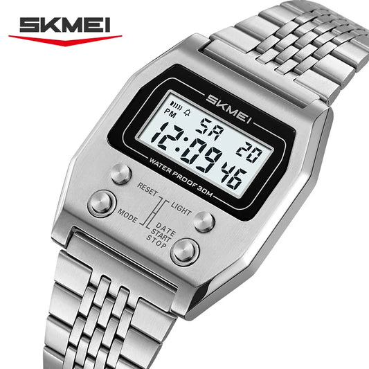 SKMEI 2460 Wristwatches Reloj Hombre Waterproof Digital Watch for Men Stainless Steel Sport Luxury Retro LED Electronic Mens