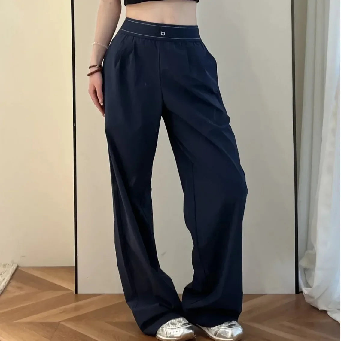 2025 fashionable, versatile, simple and sporty woven reflective letter casual, loose, light and quick-drying pants