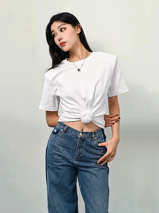Y2K knotted twist knitted threaded round neck Top women fashionable and versatile navel padded shoulder short-sleeved T-shirt