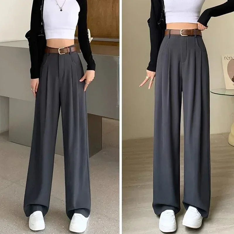 Women Fashion Suit Pants Lady Breathable Baggy High Waist Wide Leg Summer Trousers Lady Straight Leg Black Coffee Classic Pants