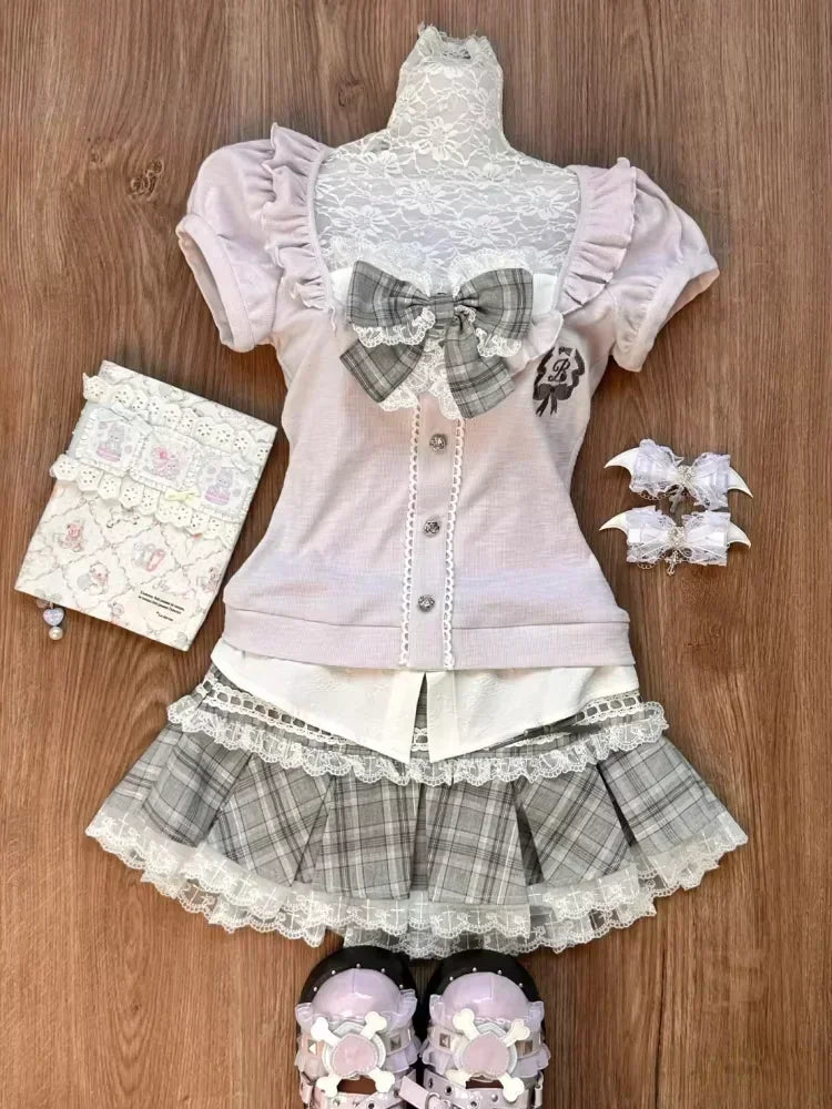 Japanese Sweet Preppy Style 2 Piece Set Women Kawaii Lace Patchwork Bow Tops + Y2k Plaid Mini Skirt Elegant Fashion Outifits New