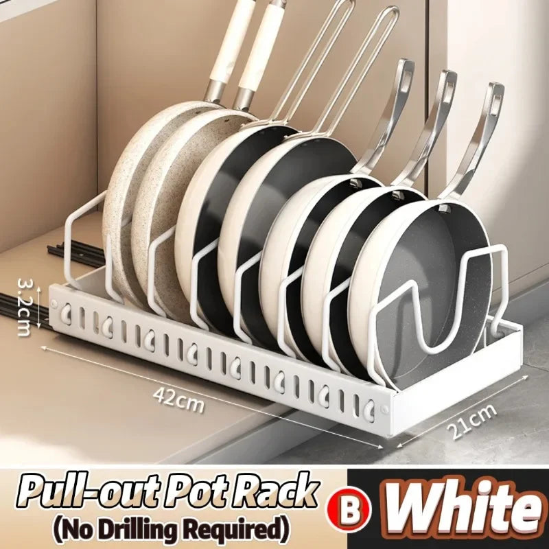 Kitchen Pull-Out Pot Rack Adjustable Cupboard Trays Dishes Partition Shelf with Slide Rails Organizer Tray Drawer Storage Racks