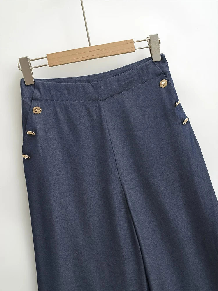 European style new women's fashion versatile temperament simple button high waist wide leg casual trousers