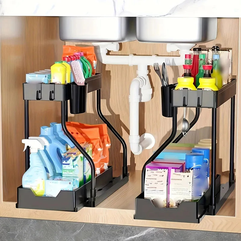 Space Saving 2 Tier Pull Out Storage Box Durable Large Capacity Kitchen Bathroom Essential Drawer Organizer