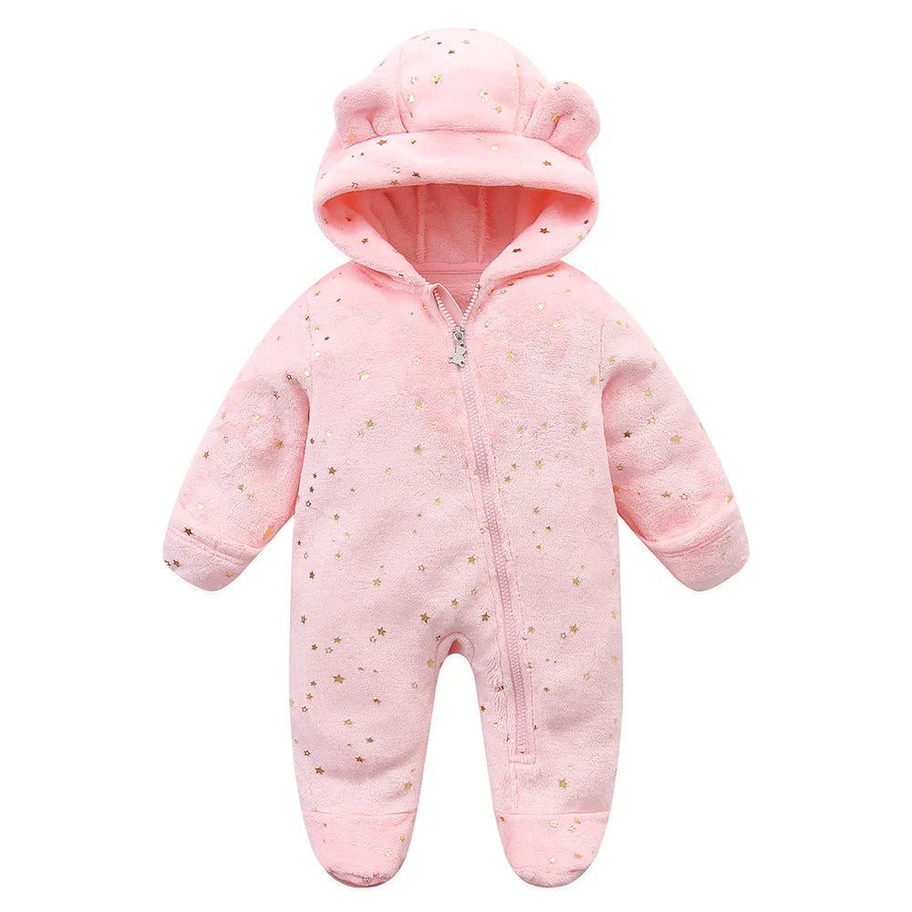 OLEKID 2025 Autumn Winter Newborn Baby overalls Plus Velvet Hooded Kids Baby Girl Rompers 0-1 Years Toddler Boy Jumpsuit Outfits