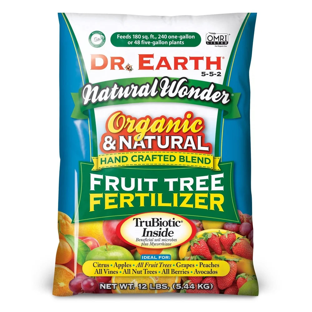 Natural Organic Fruit Tree Food Fertilizer 5-5-2 12 lb Certified Non GMO Quick Release Nutrients Safe People Pets Covers 180 sq