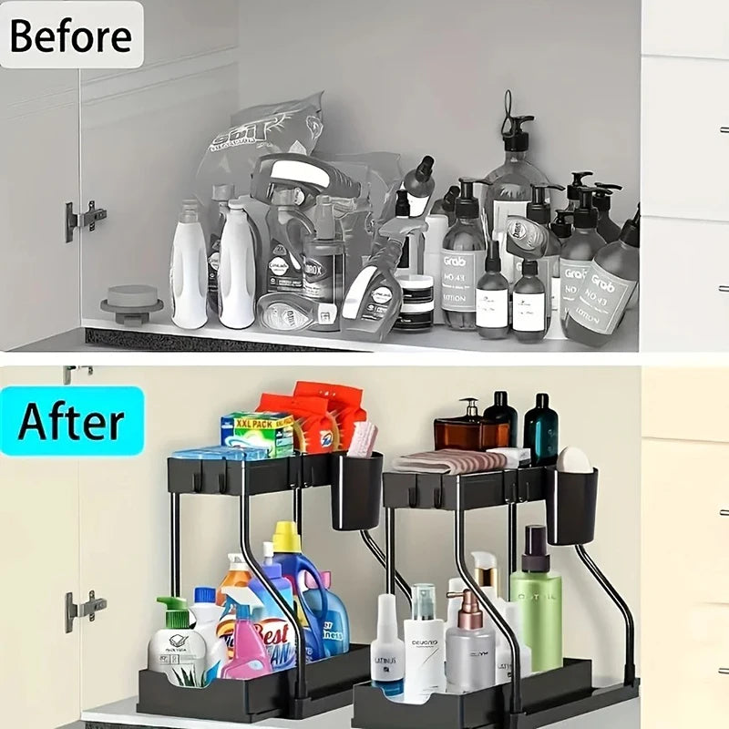 Space Saving 2 Tier Pull Out Storage Box Durable Large Capacity Kitchen Bathroom Essential Drawer Organizer