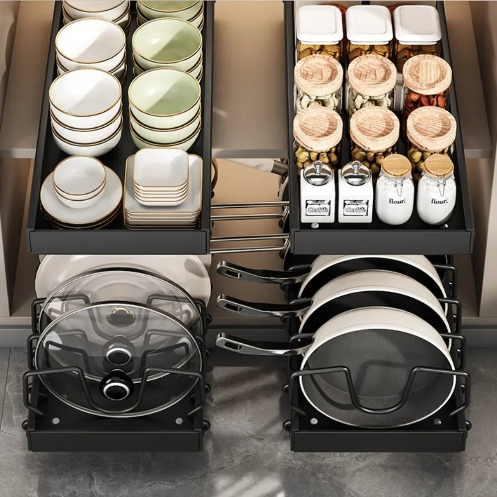 Kitchen Pull-Out Pot Rack Adjustable Cupboard Trays Dishes Partition Shelf with Slide Rails Organizer Tray Drawer Storage Racks