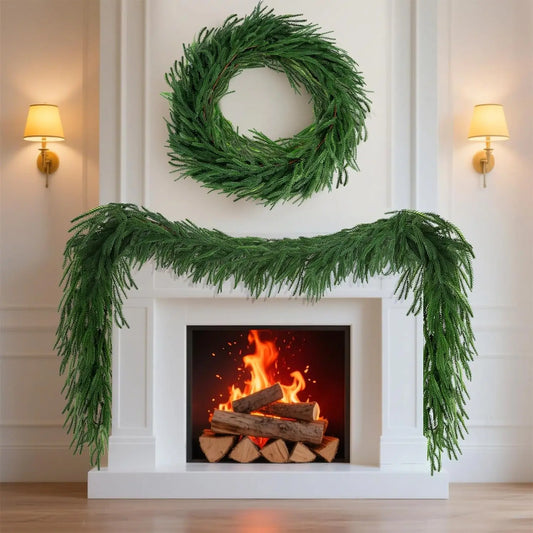 2Pcs Christmas Garland 6 FT Artificial Norfolk Pine Garlands for Winter Mantel Table Wall Xmas New Year Home Party Decorations