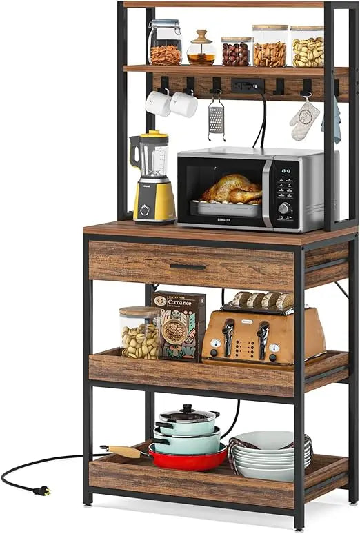 LITTLE TREE Kitchen Baker’s Rack with Power Outlets, Freestanding 5-Tier Microwave Stand with Drawers & Sliding Shelves, Coffee
