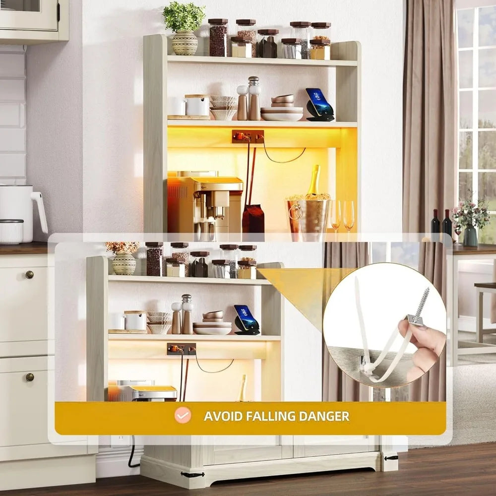 DWVO Kitchen Coffee Bar Cabinet with Storage & LED Lights, Baker Rack with Microwave Stand & Power Outlet, Farmhouse Food Pantry