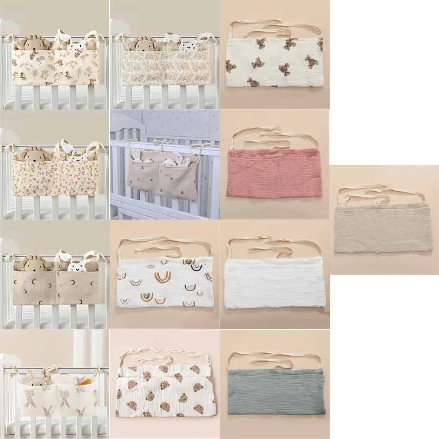 Bedside Hanging Diaper Bag Infant Toys Bag Stroller Diapers Hanging Bag Baby Crib Organizer Cot Caddy Bed Storage Bag 2 Pockets