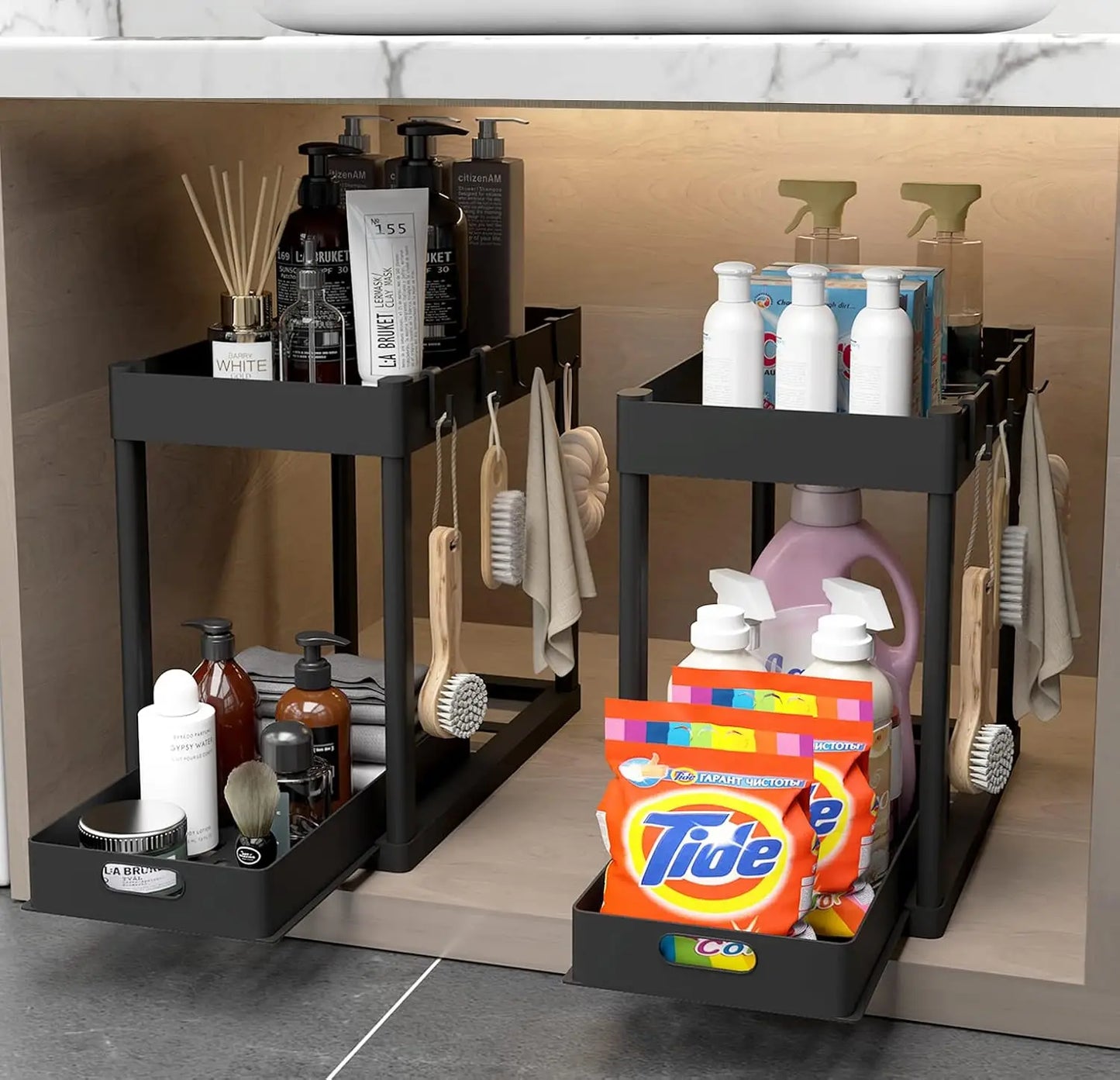 2-Piece Double-Tier Pull-Out Under-Sink Storage Rack Set Kitchen and Bathroom Sink Shelving Unit, Storage Rack