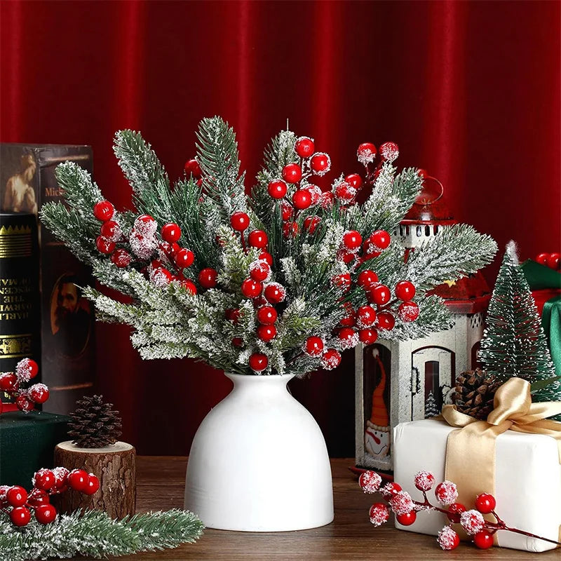 20/26cm Christmas Decor Artificial Pine Needle Branches Simulation Red Holly Berry for Xmas Wreath Decor Home Decor 2026 Navidad