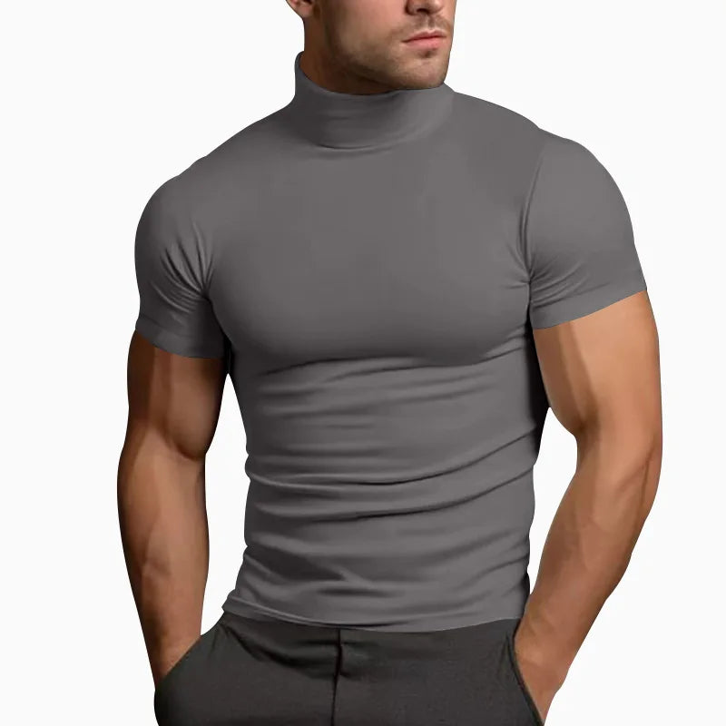 Cross-border Amazon 2024 summer solid color short-sleeved fashion bottoming shirt men's tight turtleneck T-shirt
