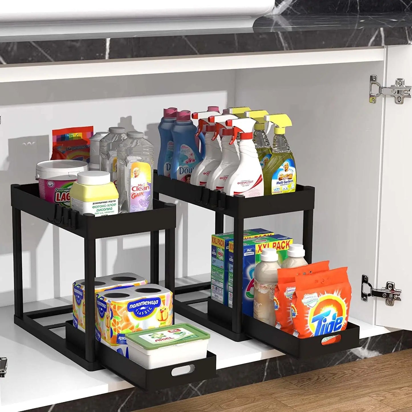 2-Piece Double-Tier Pull-Out Under-Sink Storage Rack Set Kitchen and Bathroom Sink Shelving Unit, Storage Rack