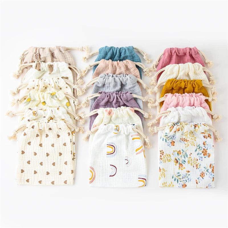 3 PCS Cotton Muslin Stroller Hanging Pocket Baby Towel Diaper Pouch Baby Drawstring Storage Bags Baby Items Accessories