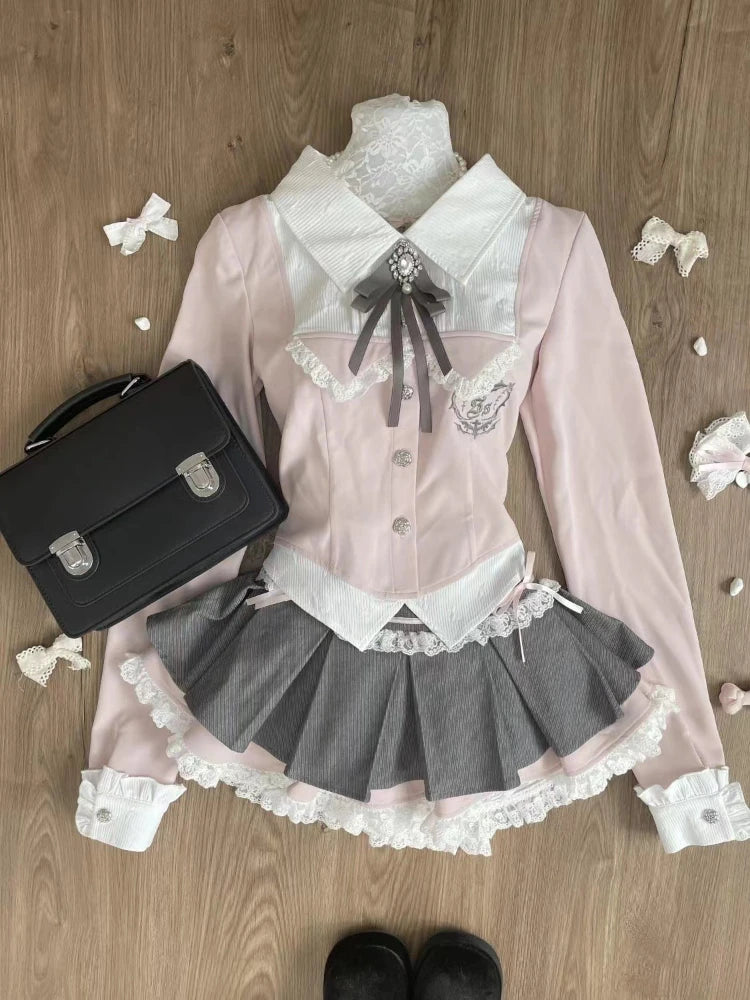 Japanese Sweet Preppy Style 2 Piece Set Women Kawaii Lace Patchwork Bow Tops + Y2k Plaid Mini Skirt Elegant Fashion Outifits New