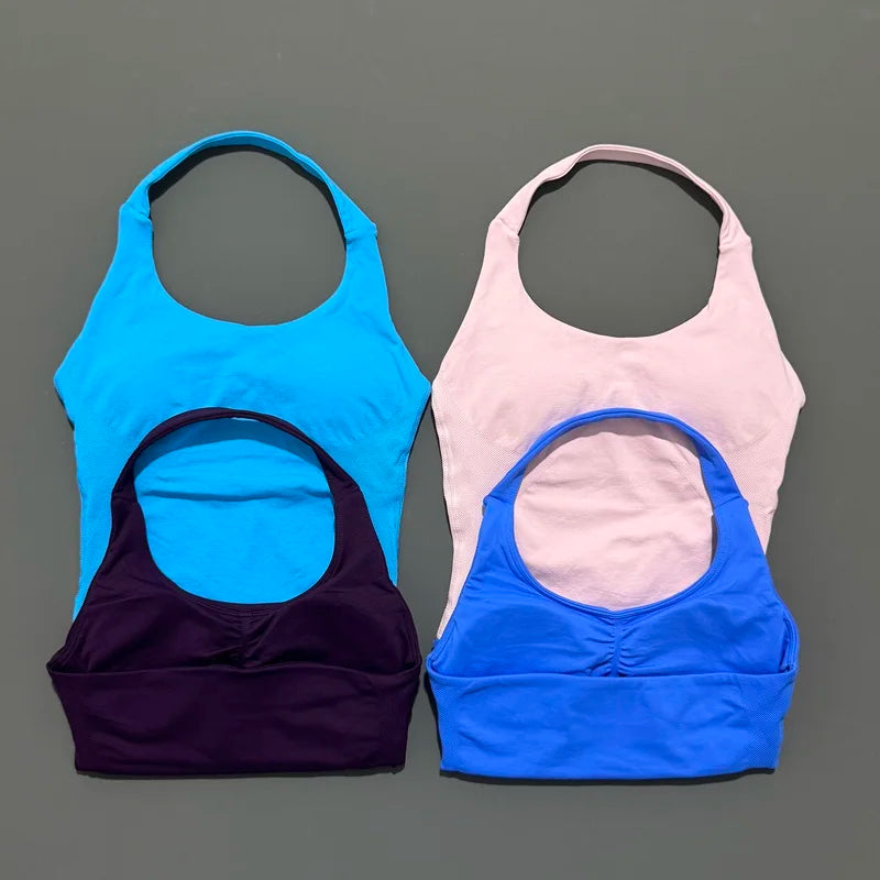 Histello Longline Strappy Top Women Sports Tank Halter Seamless Ruched Backless Gym Activewear Workout Yoga Fitness Tops