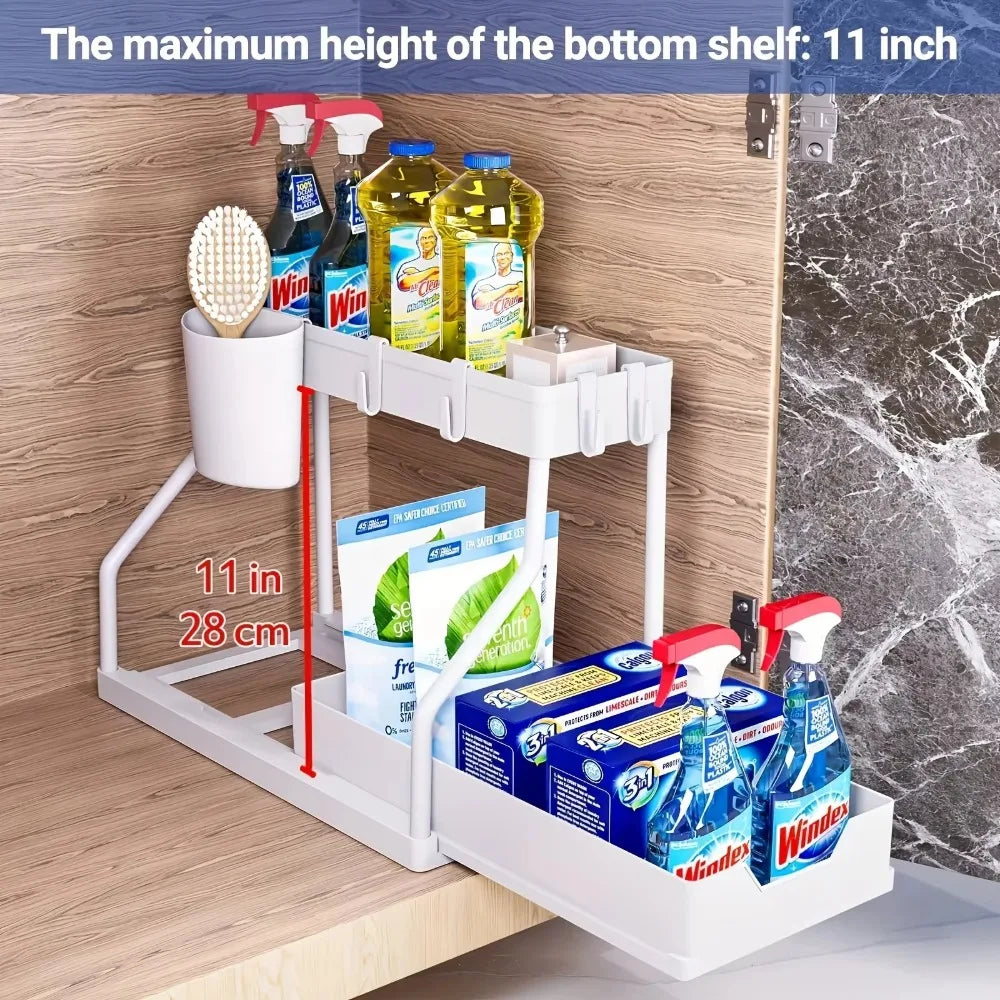2 Tier Slide Out Under Sink Organizer with Hooks Space Saving Storage Rack for Kitchen Bathroom Cabinet Large Capacity Durable