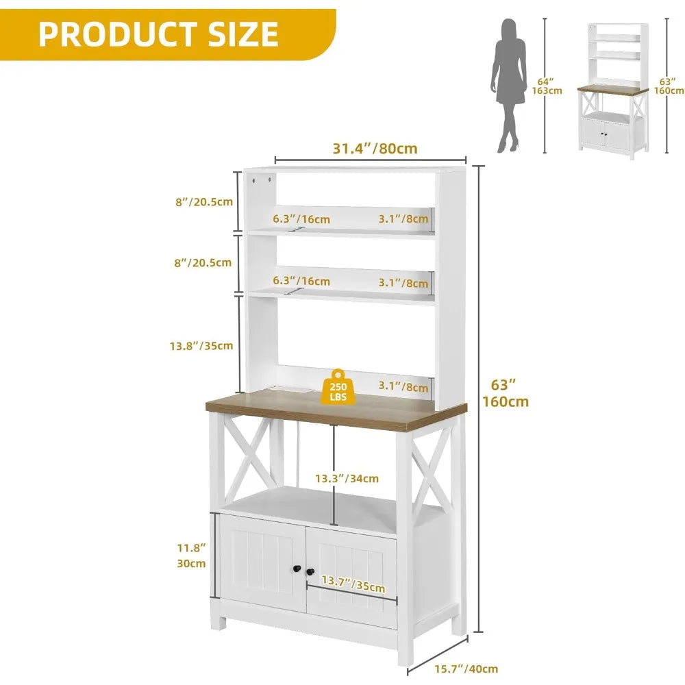 DWVO White Baker Rack with Storage & Power Outlet, Farmhouse Microwave Stand for Kitchen, 5-Tier Coffee Bar Cabinet Station Thic