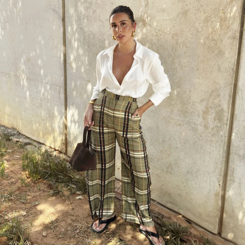 HXAO Plaid Baggy Pants Women's Pants Autumn 2025 Ladies Fashion Oversize High Waist Trousers Elegant Wide Leg Street Wear Pants