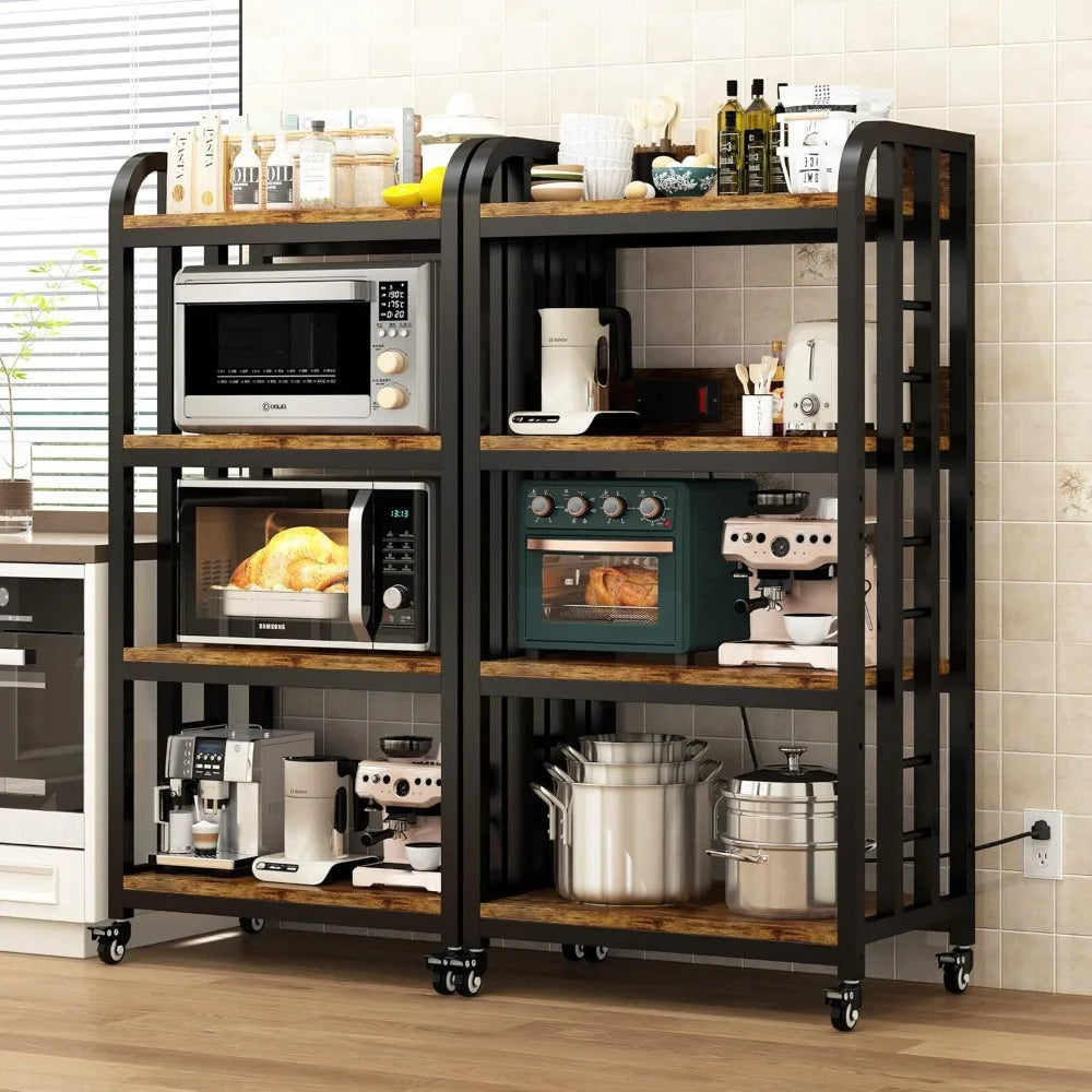 4-Tier Kitchen Bakers Rack with Power Outlet and Rolling Wheels, Microwave Stand with Storage, Adjustable Kitchen Shelves Freest