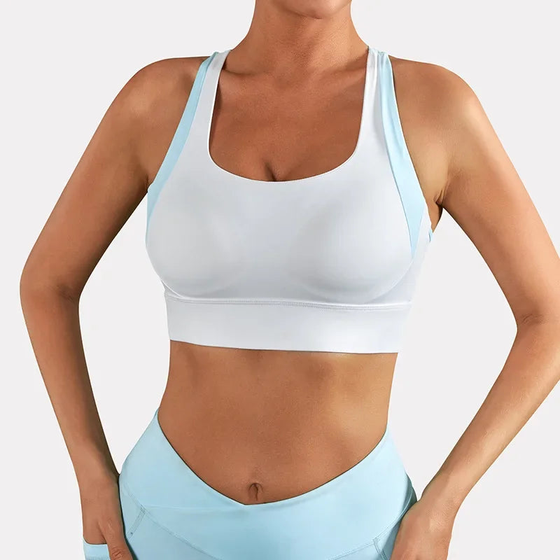 Women Solid Color Cross Back Fitness Sport Bra High Strength Tight Top Comprehensive Training Gym Yoga Bras with Chest Pad