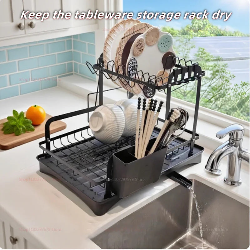 Multi-Function Kitchen Storage Rack Bowl Utensil Drain Organizer Small Space Tableware Draining Rack with Storage Box