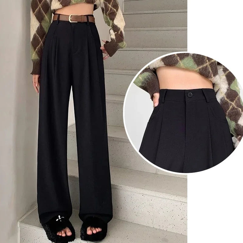 Women Fashion Suit Pants Lady Breathable Baggy High Waist Wide Leg Summer Trousers Lady Straight Leg Black Coffee Classic Pants
