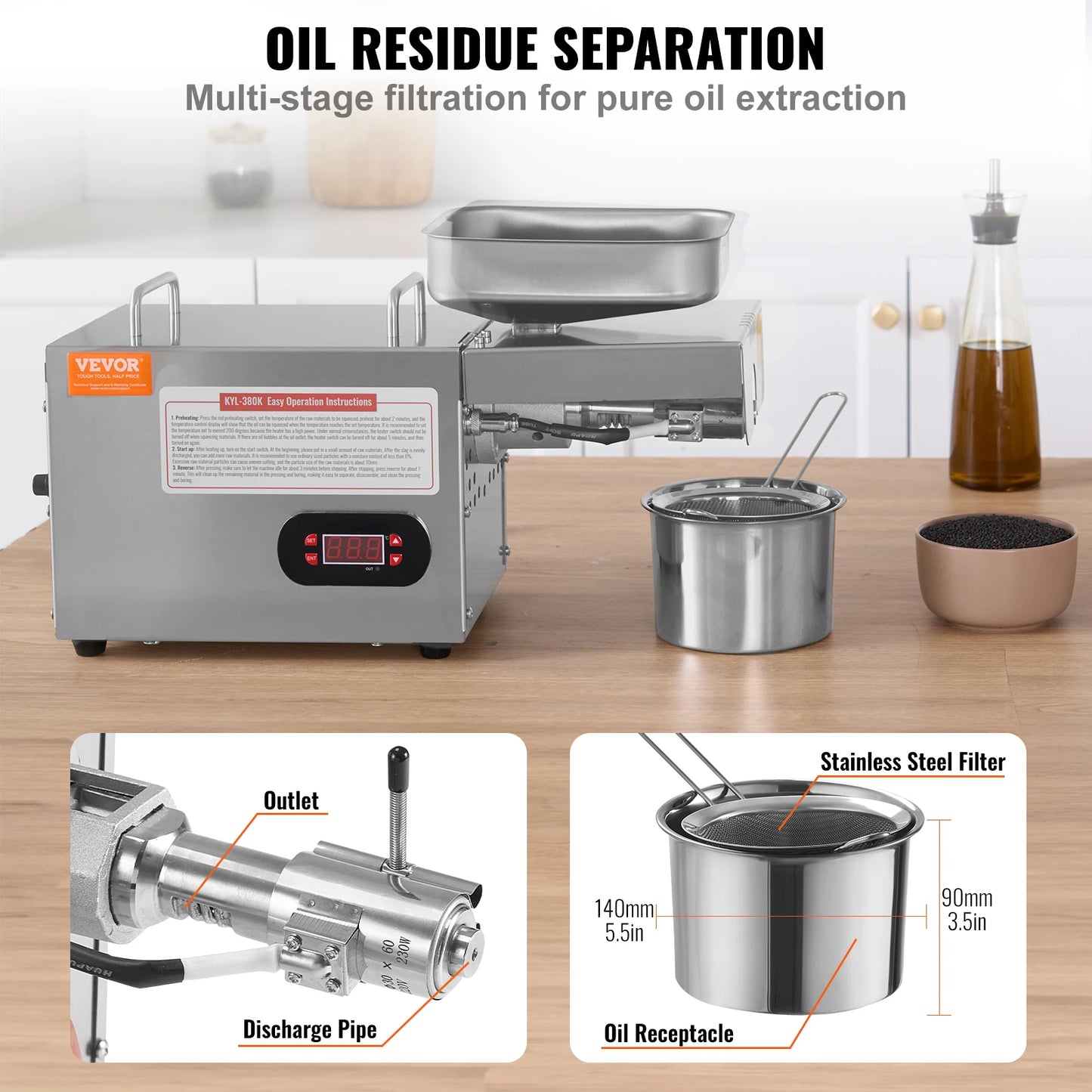 SucceBuy 850W Stainless Steel Oil Extractor Machine, 0-300℃ / 32 - 572 ℉ Adjustable Temperature Hot Press Oil Expeller