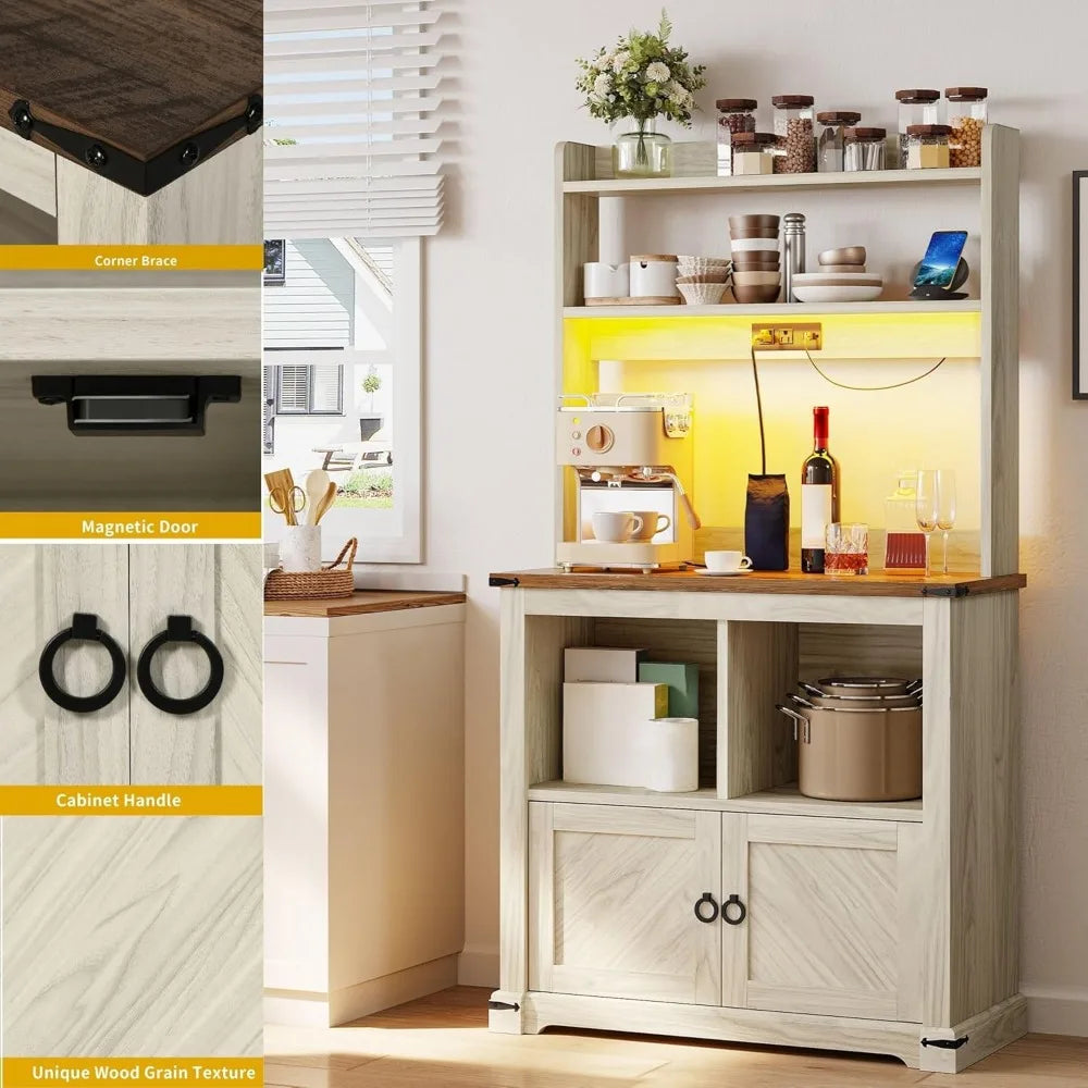 DWVO Kitchen Coffee Bar Cabinet with Storage & LED Lights, Baker Rack with Microwave Stand & Power Outlet, Farmhouse Food Pantry