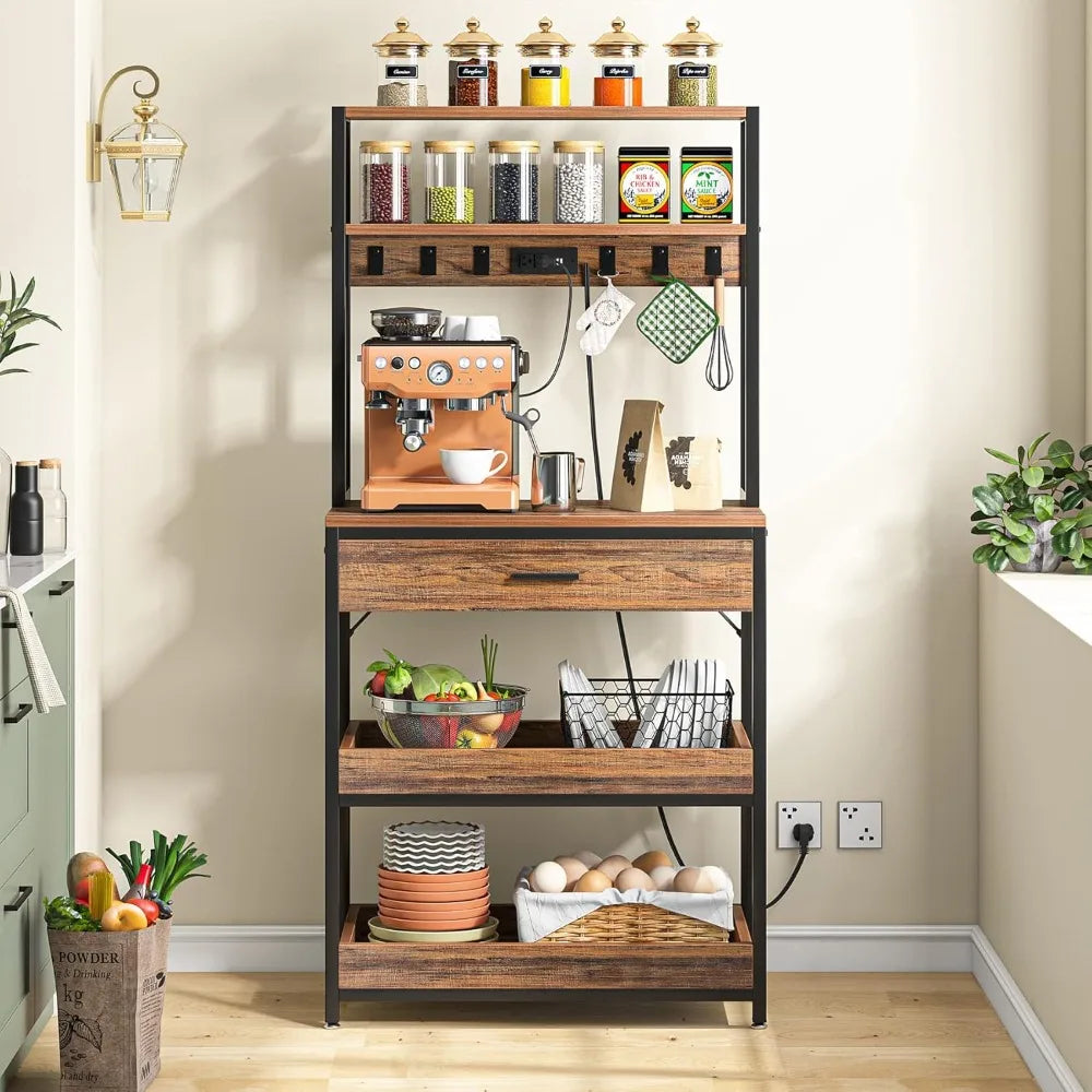 LITTLE TREE Kitchen Baker’s Rack with Power Outlets, Freestanding 5-Tier Microwave Stand with Drawers & Sliding Shelves, Coffee