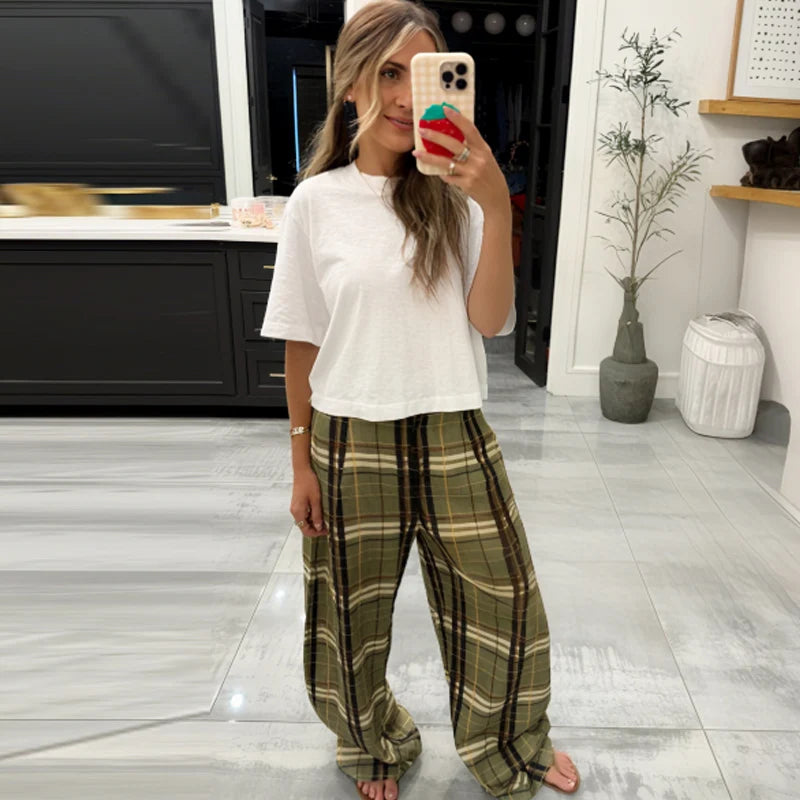 HXAO Plaid Baggy Pants Women's Pants Autumn 2025 Ladies Fashion Oversize High Waist Trousers Elegant Wide Leg Street Wear Pants