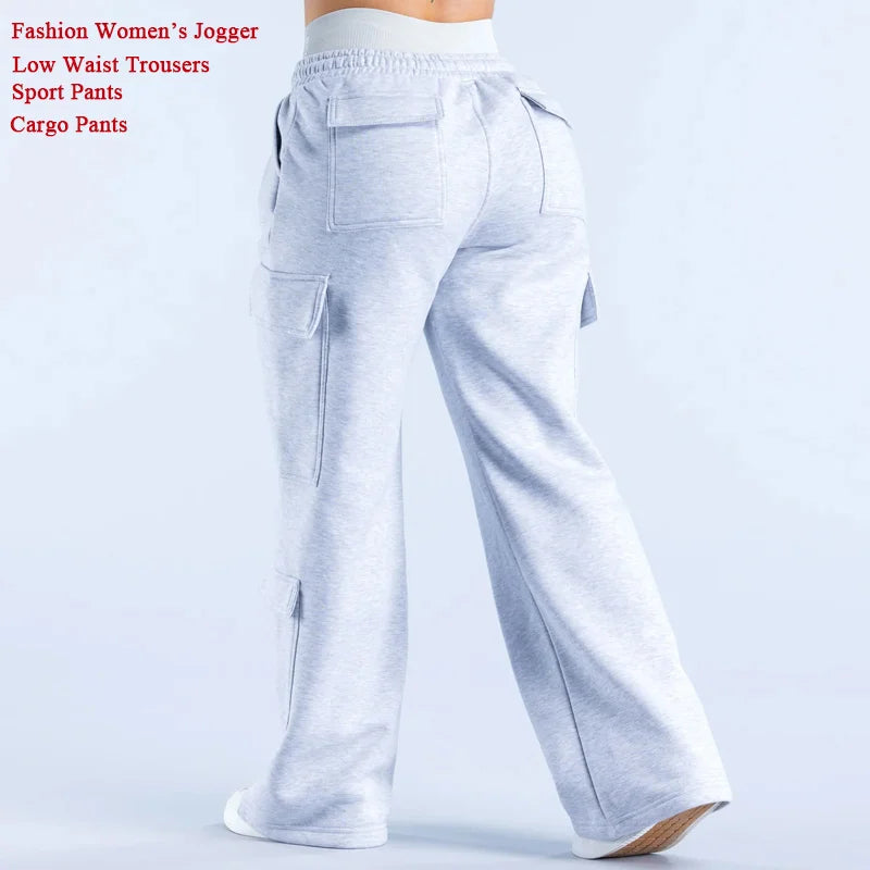 American Style Women Casual Pants Multiple Pockets Work Pants Fashion Women Low Waist Belted Straight Leg Wide Leg Pants