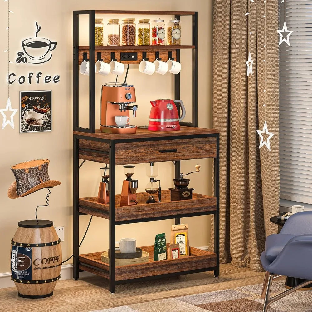 LITTLE TREE Kitchen Baker’s Rack with Power Outlets, Freestanding 5-Tier Microwave Stand with Drawers & Sliding Shelves, Coffee