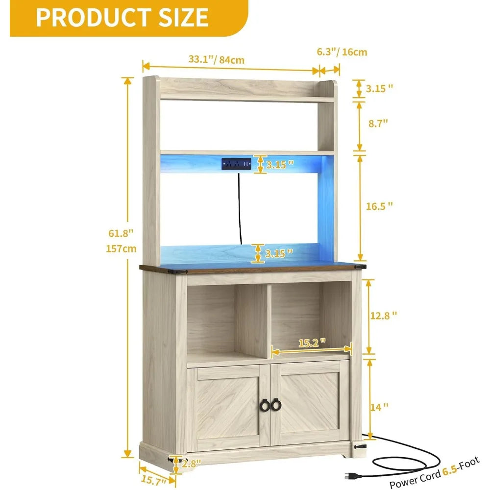 DWVO Kitchen Coffee Bar Cabinet with Storage & LED Lights, Baker Rack with Microwave Stand & Power Outlet, Farmhouse Food Pantry