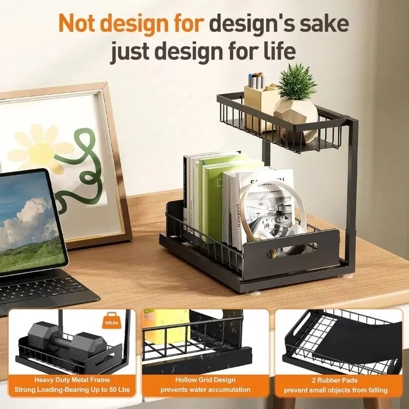 Under Sink 2 Tier Sliding Cabinet Basket Organizer Drawer Pull Out Cabinet Multi-PurposeSink Organizer for Bathroom Kitchen