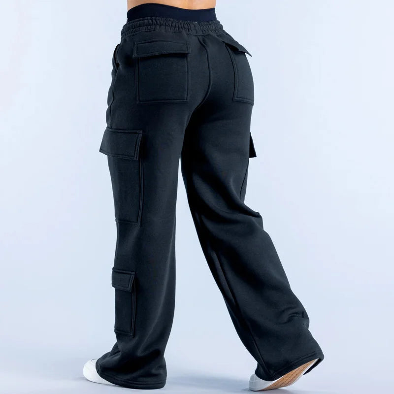American Style Women Casual Pants Multiple Pockets Work Pants Fashion Women Low Waist Belted Straight Leg Wide Leg Pants