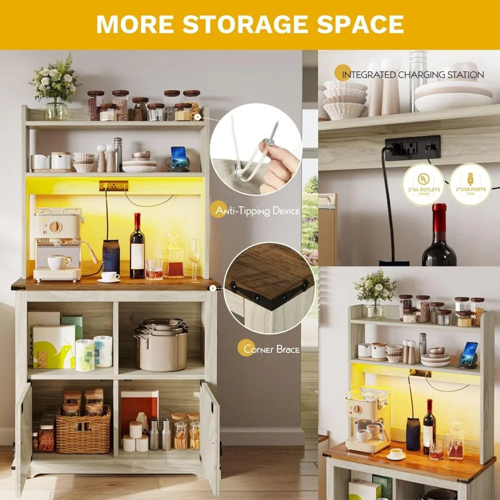 DWVO Kitchen Coffee Bar Cabinet with Storage & LED Lights, Baker Rack with Microwave Stand & Power Outlet, Farmhouse Food Pantry