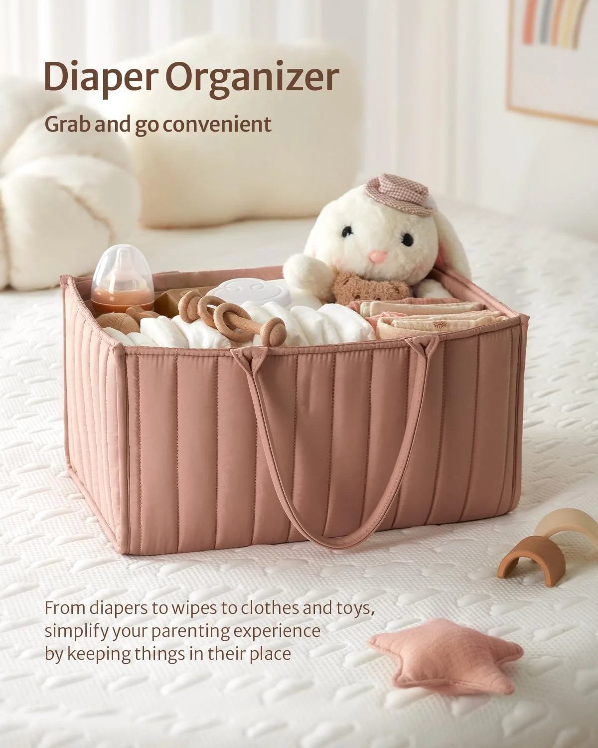 Baby Diaper Caddy Organizer, Baby Shower Basket for Girls Baby Registry Must Have, Stylish Baby Basket for Changing Table