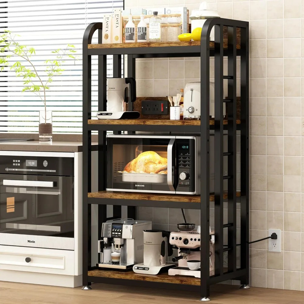 4-Tier Kitchen Bakers Rack with Power Outlet and Rolling Wheels, Microwave Stand with Storage, Adjustable Kitchen Shelves Freest