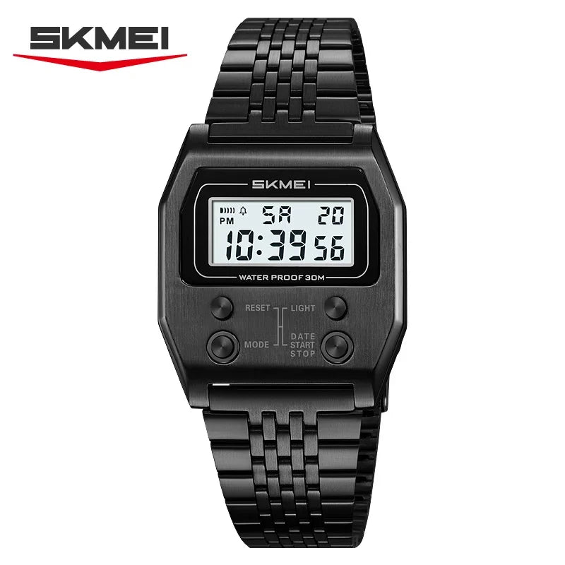 SKMEI 2460 Wristwatches Reloj Hombre Waterproof Digital Watch for Men Stainless Steel Sport Luxury Retro LED Electronic Mens