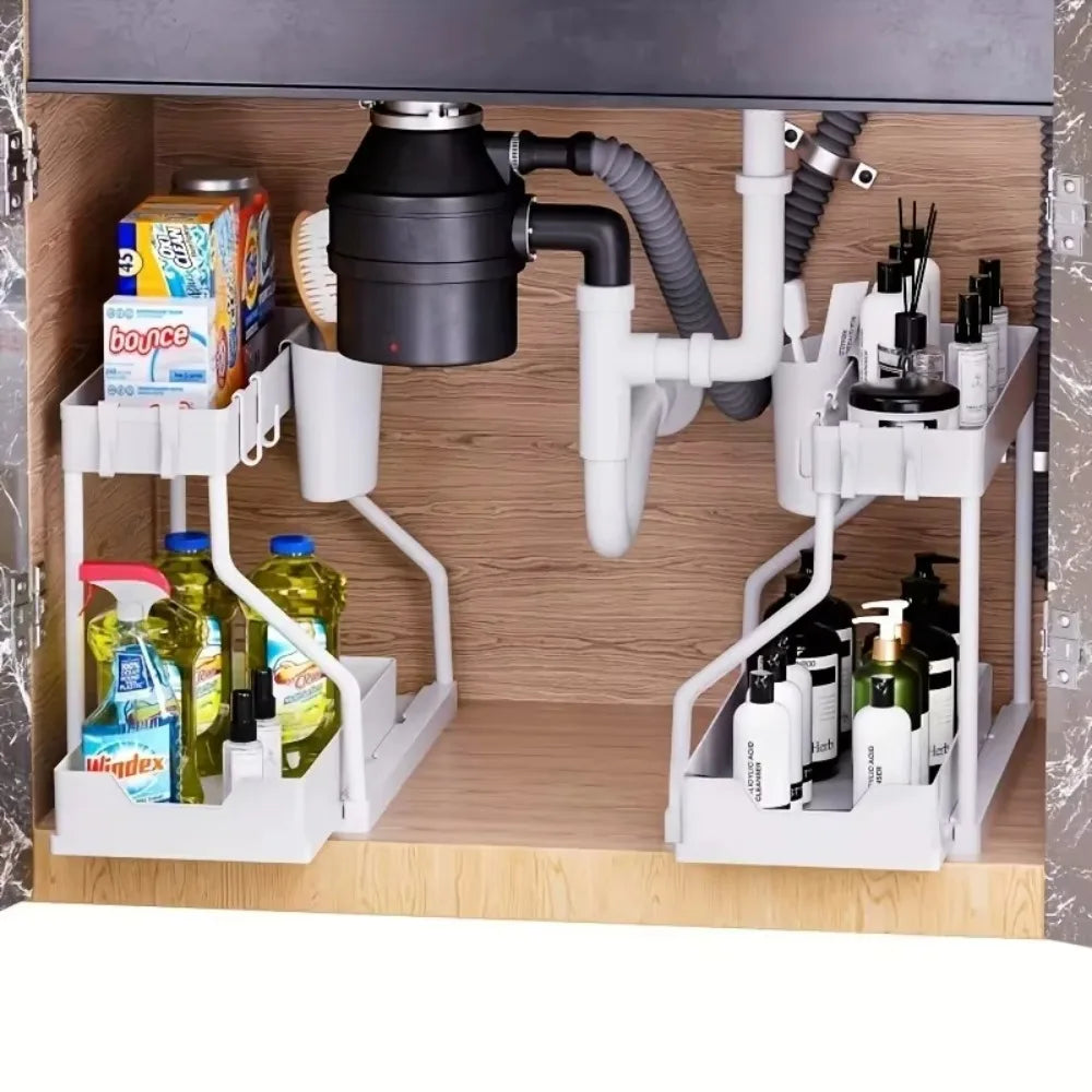2 Tier Slide Out Under Sink Organizer with Hooks Space Saving Storage Rack for Kitchen Bathroom Cabinet Large Capacity Durable