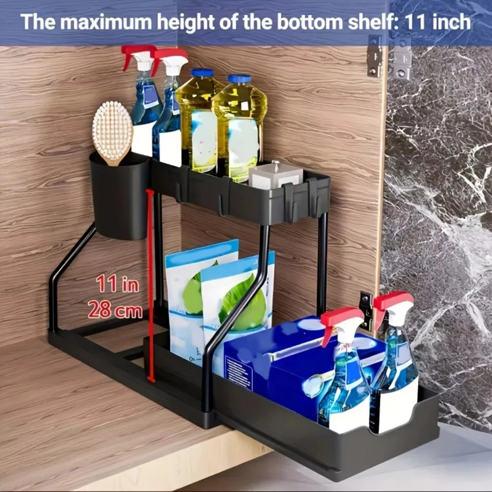 2 Tier Slide Out Under Sink Organizer with Hooks Space Saving Storage Rack for Kitchen Bathroom Cabinet Large Capacity Durable